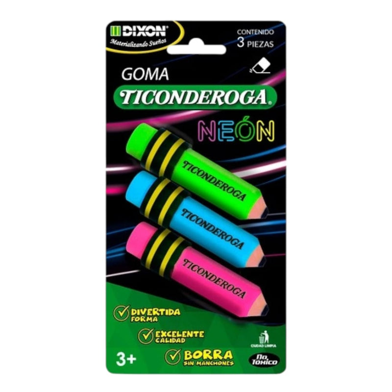 GOMA TICONDEROGA C/3PZ COLORES NEON