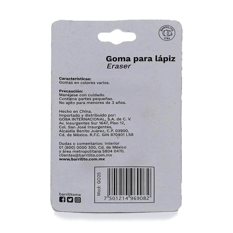 Barrilito GOBA INTERNACIONAL, S.A. DE C.V. GOMA DE CAPUCHON COLORES C/25PZ BARRILITO