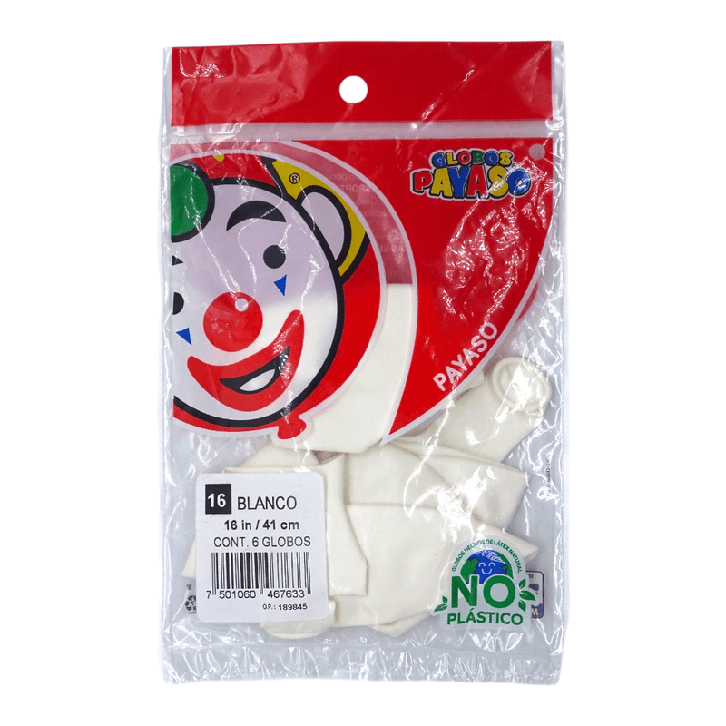 Payaso FABRICAS SELECTAS DEL CENTRO, S.A. DE C.V. BOLSA C/6 GLOBOS PAYASO #16 PASTEL BLANCO