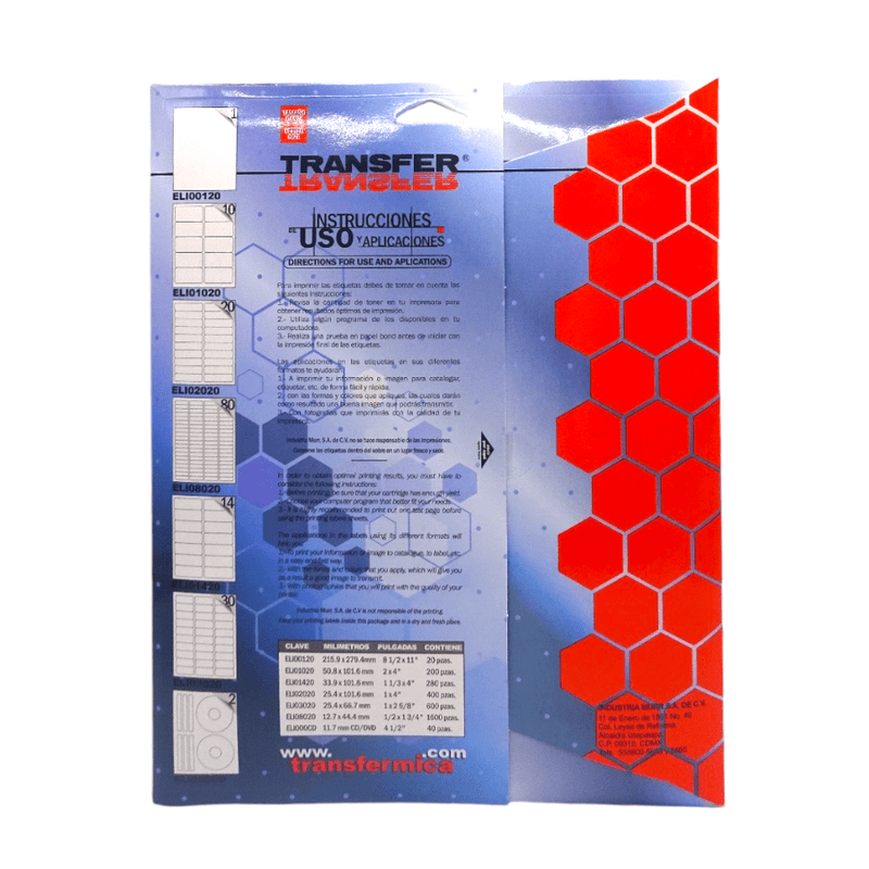 Transfer INDUSTRIA MURR, S.A. DE C.V. ETIQUETA ADHESIVA LASER T/CARTA TRANSFER 8 1/2" X 11"