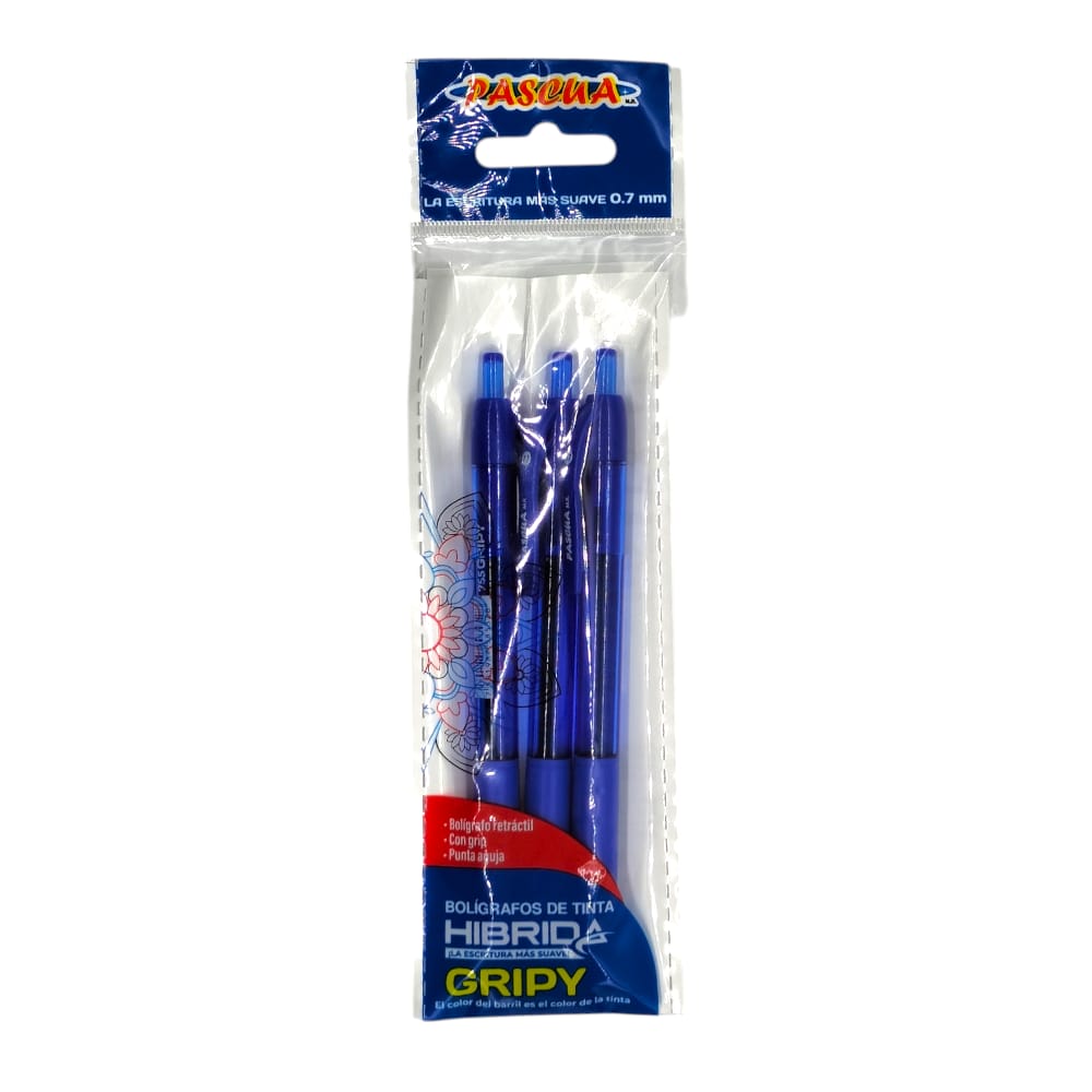 BOLIGRAFO PASCUA TINTA HIBRIDA 0.7 GRIPY C/3PZ AZUL