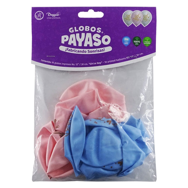 Payaso FABRICAS SELECTAS DEL CENTRO, S.A. DE C.V. BOLSA C/10 GLOBOS PAYASO IMPRESO #12 GIRL OR BOY