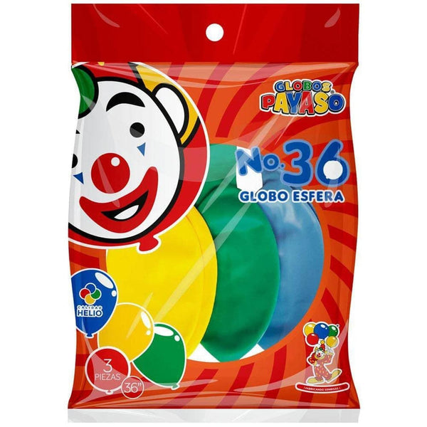 Payaso FABRICAS SELECTAS DEL CENTRO, S.A. DE C.V. BOLSA C/3 GLOBOS PAYASO #36 ESFERA COLORES MIX