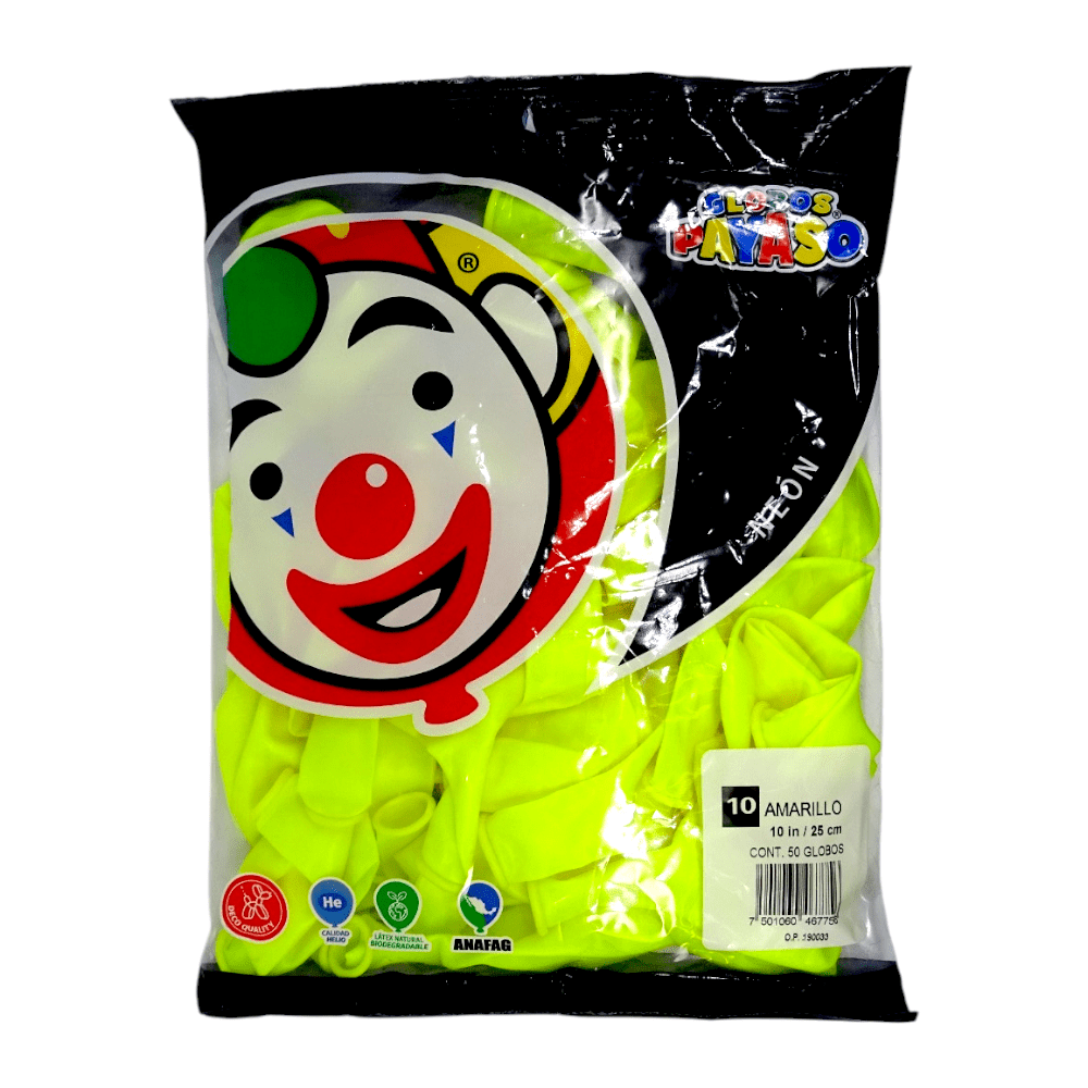 Payaso FABRICAS SELECTAS DEL CENTRO, S.A. DE C.V. BOLSA C/50 GLOBOS PAYASO #10 NEON AMARILLO