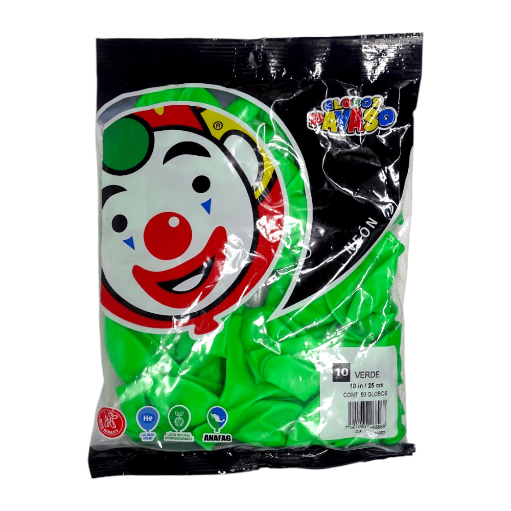 Payaso FABRICAS SELECTAS DEL CENTRO, S.A. DE C.V. BOLSA C/50 GLOBOS PAYASO #10 NEON VERDE