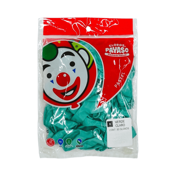 Payaso FABRICAS SELECTAS DEL CENTRO, S.A. DE C.V. BOLSA C/50 GLOBOS PAYASO #9 PASTEL VERDE CLARO