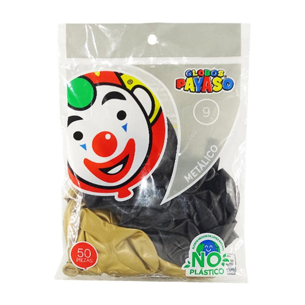 Payaso FABRICAS SELECTAS DEL CENTRO, S.A. DE C.V. BOLSA C/50 GLOBOS PAYASO METALICO #9 NEGRO-ORO