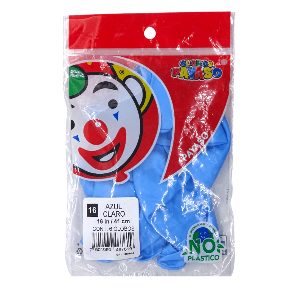 Payaso FABRICAS SELECTAS DEL CENTRO, S.A. DE C.V. BOLSA C/6 GLOBOS PAYASO #16 PASTEL AZUL CLARO