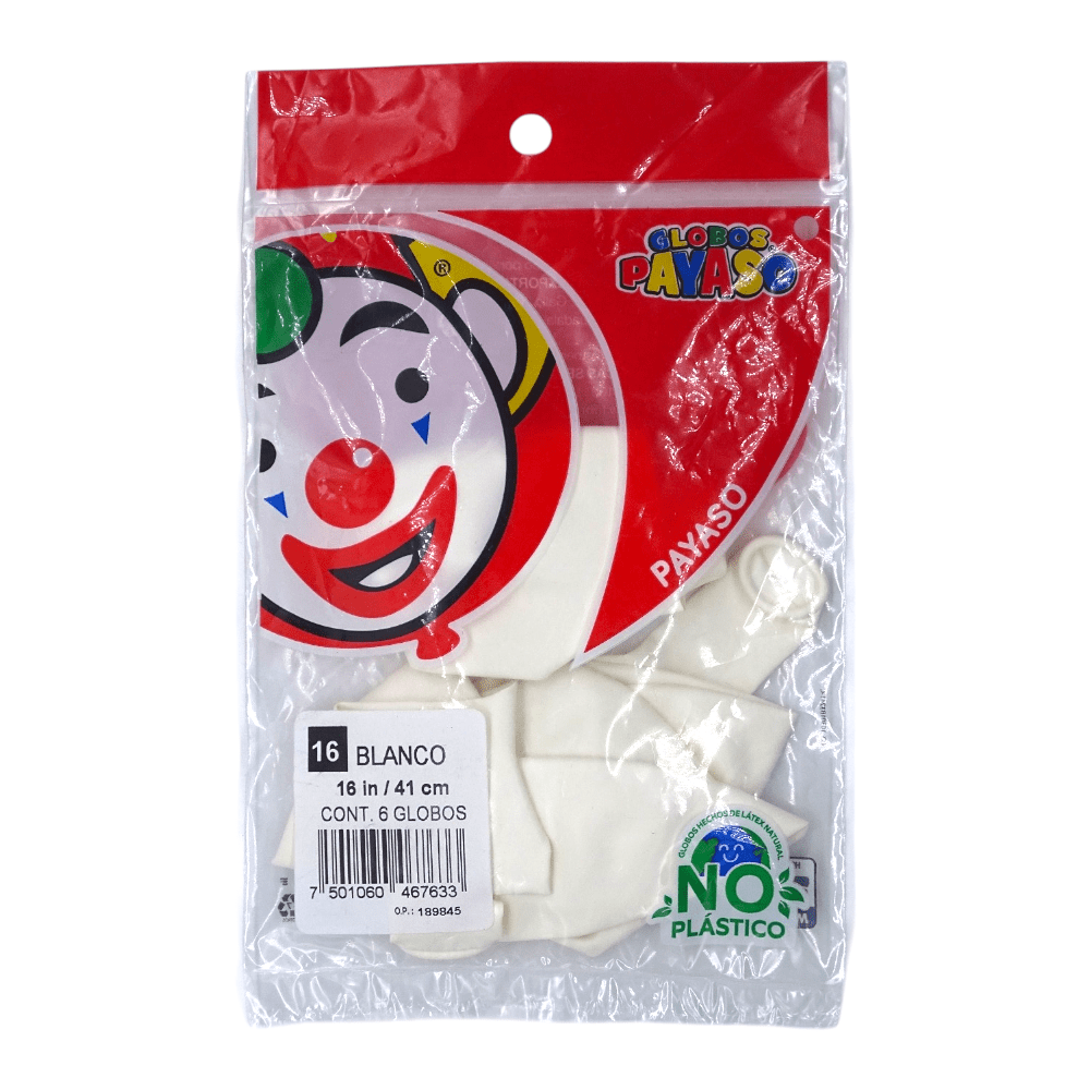 Payaso FABRICAS SELECTAS DEL CENTRO, S.A. DE C.V. BOLSA C/6 GLOBOS PAYASO #16 PASTEL BLANCO