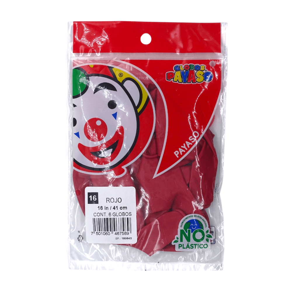 Payaso FABRICAS SELECTAS DEL CENTRO, S.A. DE C.V. BOLSA C/6 GLOBOS PAYASO #16 PASTEL ROJO