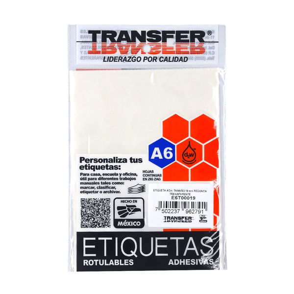 Transfer INDUSTRIA MURR, S.A. DE C.V. ETIQUETA ADHESIVA TAMAÑO 19MM REDONDA C/180PZ TRANSPARENTE